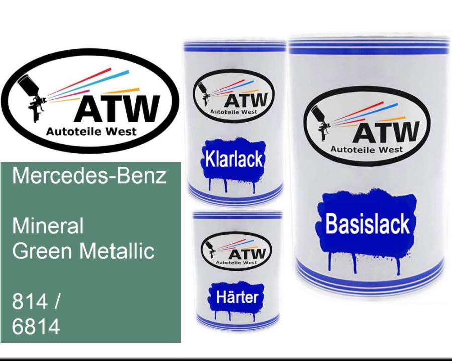 Mercedes-Benz, Mineral Green Metallic, 814 / 6814: 500ml Lackdose + 500ml Klarlack + 250ml Härter - Set, von ATW Autoteile West.